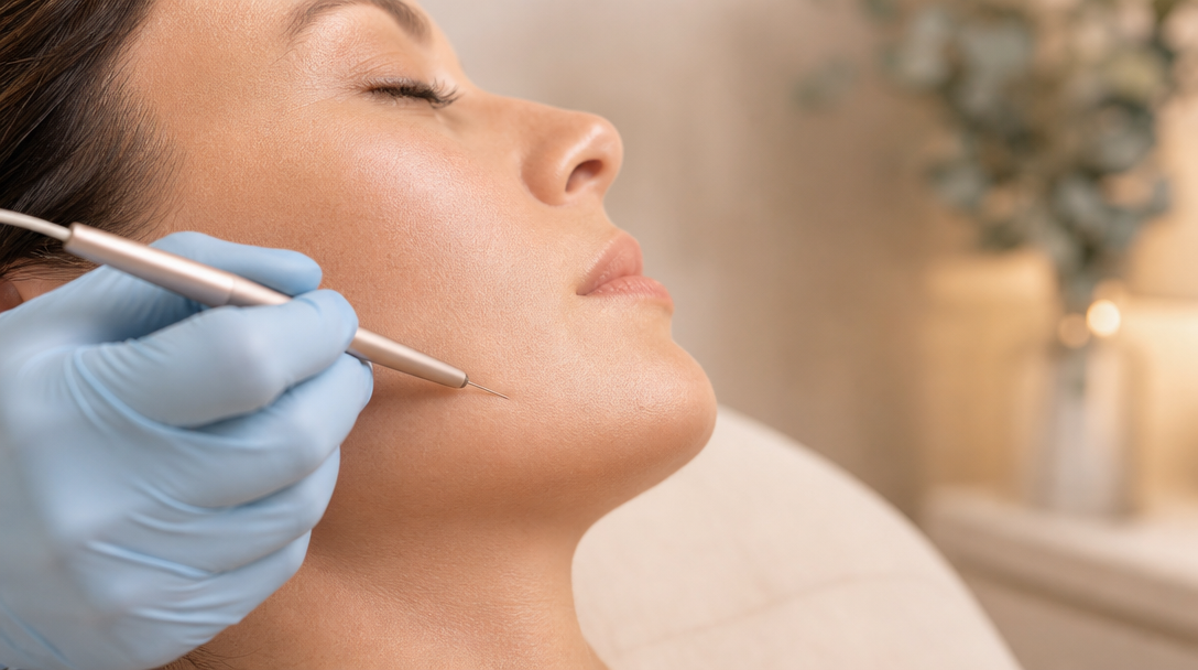 A clinician guides a fine electrolysis probe along a patient's jawline in a warm treatment room