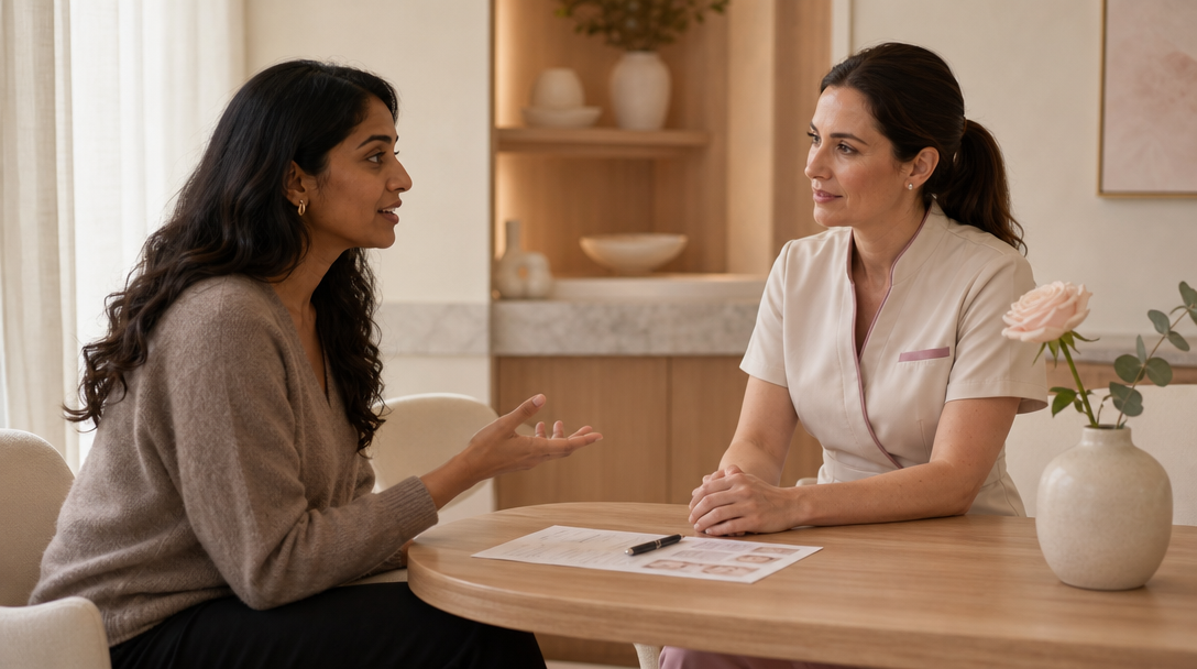 A clinician listens as a patient asks aesthetic consultation questions across a wooden table in a calm treatment room