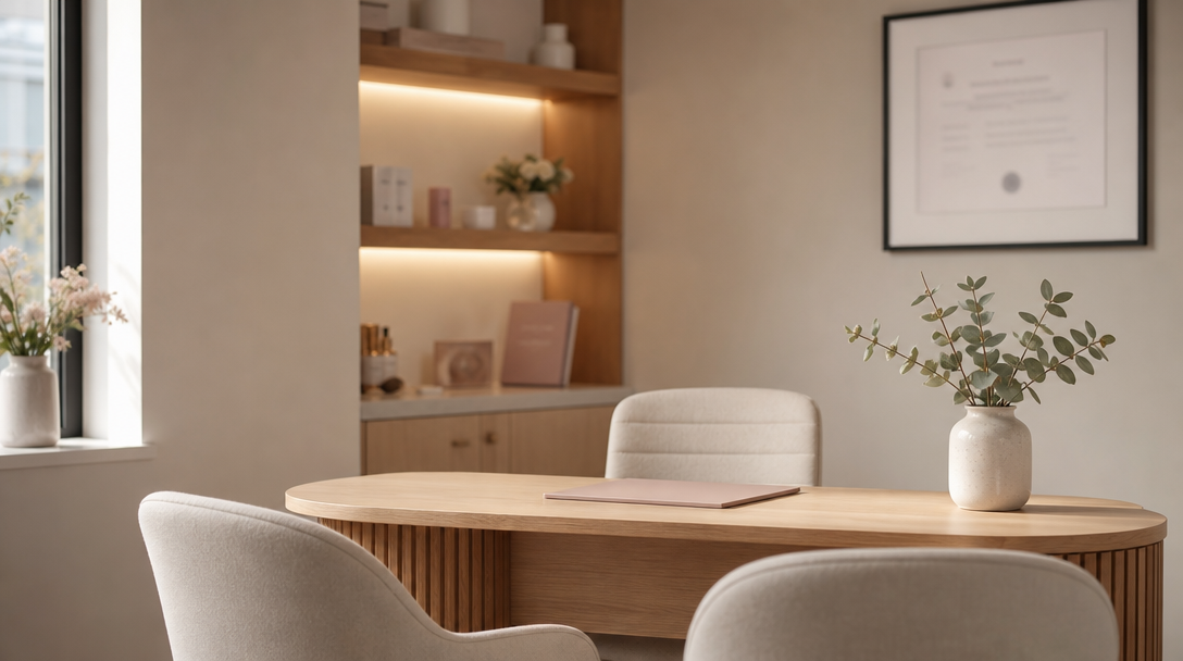 A calm cream and warm-wood aesthetic clinic consultation room with two linen chairs, eucalyptus in a ceramic vase and soft daylight