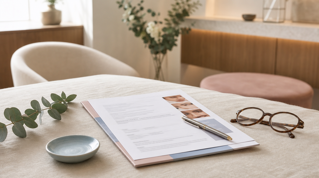 A printed treatment plan with a pen resting on it, reading glasses and a sprig of eucalyptus on cream linen