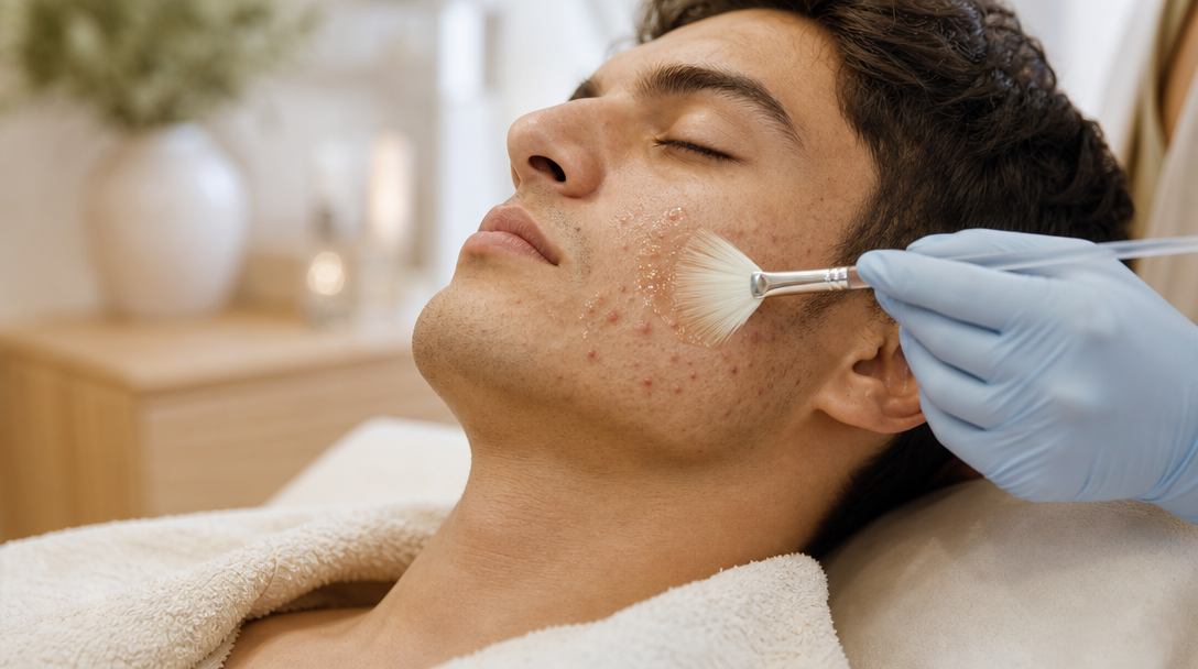A gloved clinician brushing a clear acne peel solution onto the cheek of a relaxed young man with mild active acne