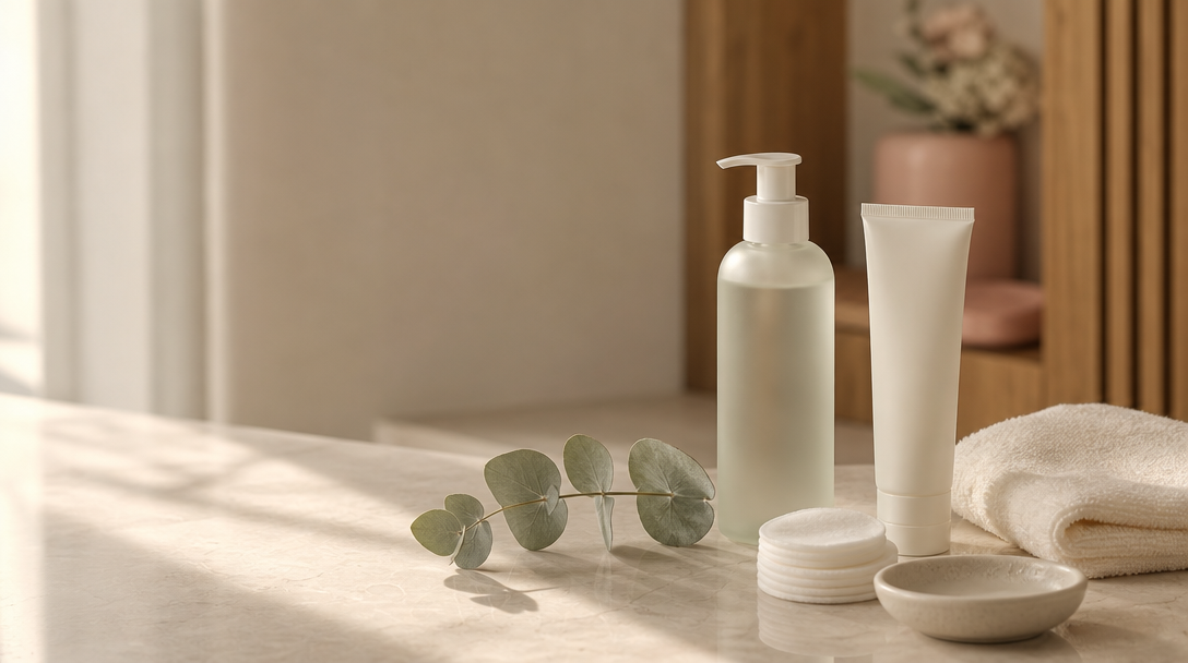 Unlabelled frosted pump bottle, sunscreen tube, cotton pads and folded face cloth on cream marble, a home acne care routine