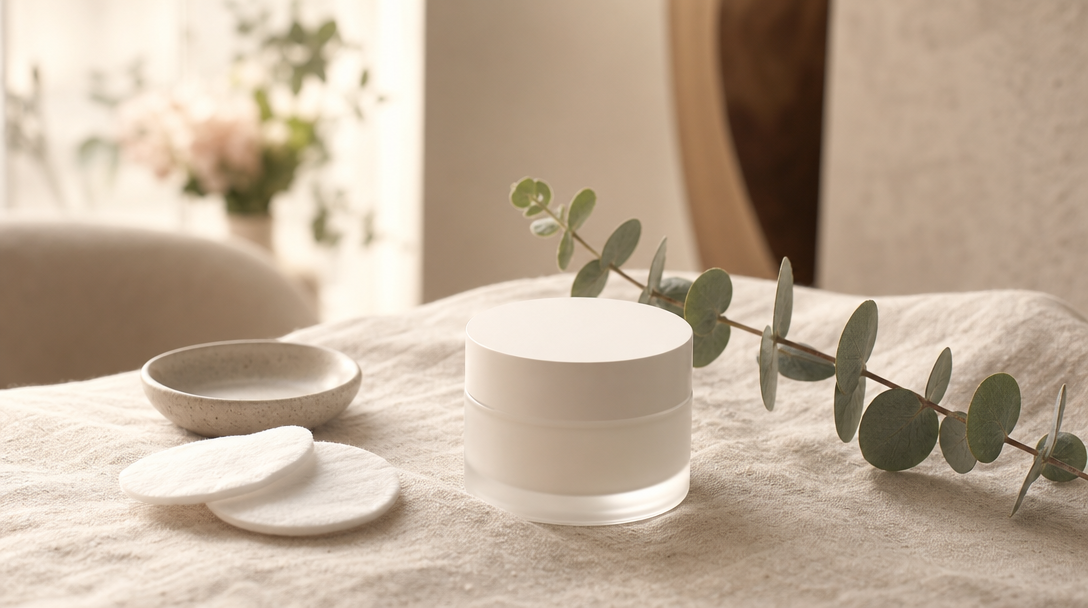 Editorial still life of gentle post-peel skincare, a fragrance-free moisturiser and cotton pads on cream linen with a eucalyptus sprig