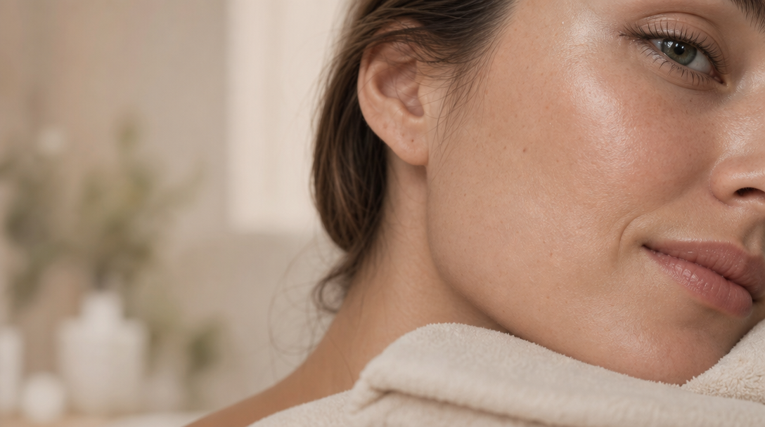 Close-up of healthy, even-toned skin on a cheek and jawline in soft natural side light, resting against a cream towel