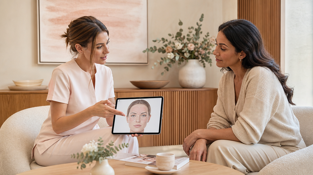 A CoLaz clinician reviews the anti-wrinkle injection areas of the upper face with a patient on a tablet in a calm consultation room