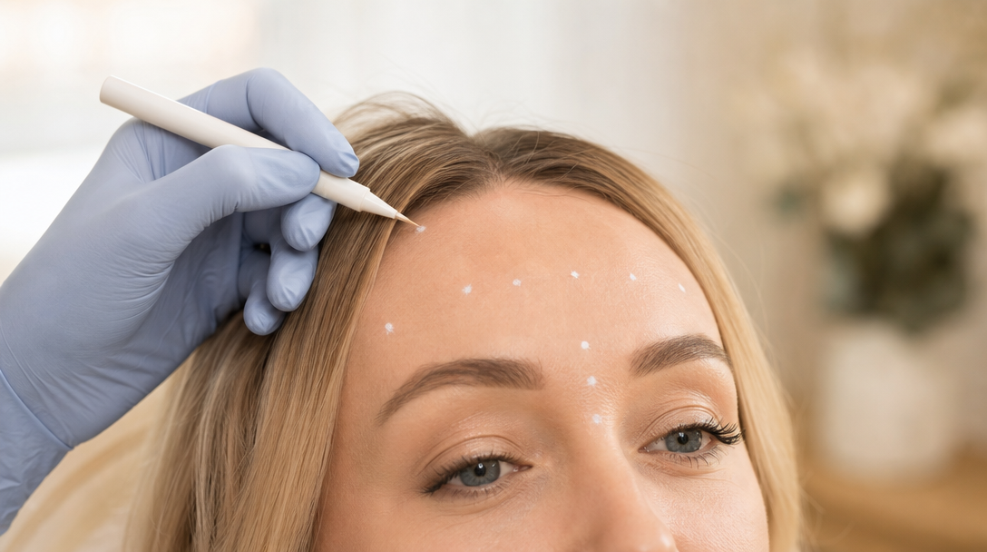 A clinician's gloved hand marks discreet points across a relaxed patient's forehead and brows with a fine skin pen to map the treatment areas