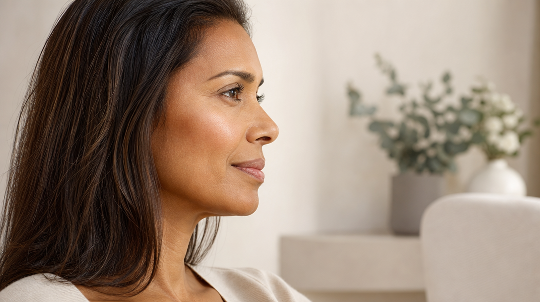A calm side profile of a woman with a smooth, naturally relaxed forehead and softly refined skin at the corner of the eye