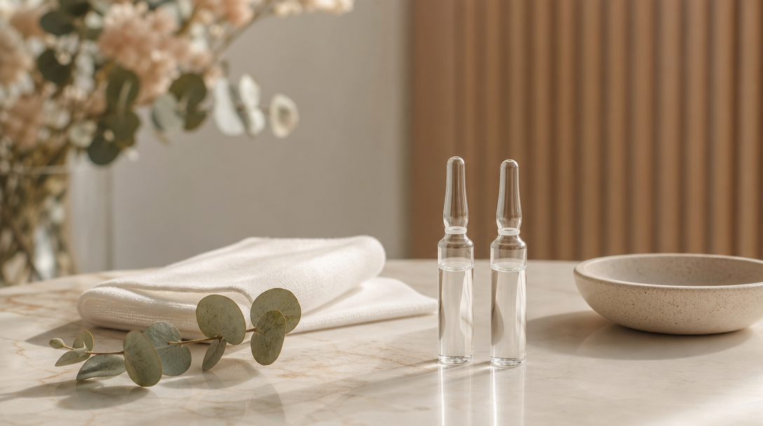 Editorial still life of two unlabelled glass ampoules on cream marble next to a folded cotton cloth and a sprig of eucalyptus, representing a fat dissolving comparison