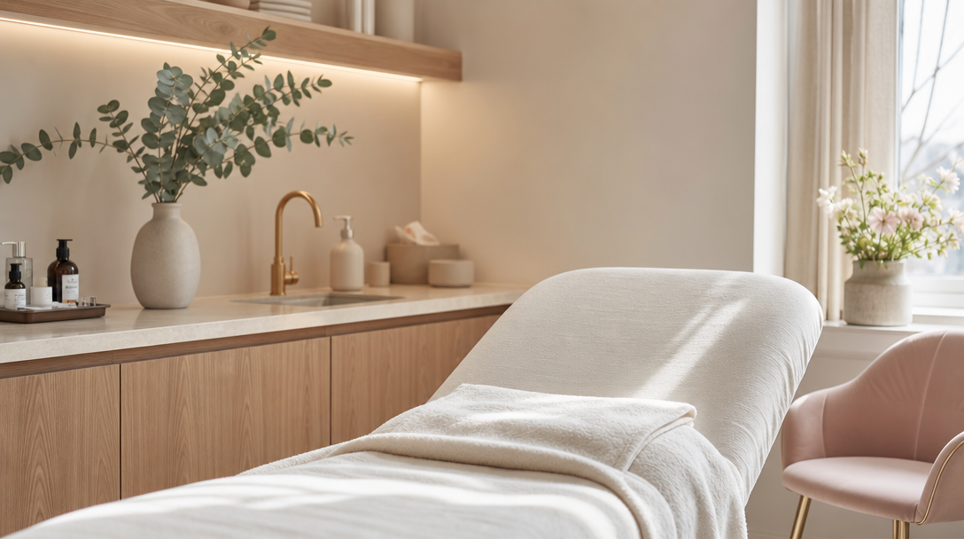 A calm modern aesthetic-clinic treatment room with cream walls, a warm wood counter, a cream-upholstered treatment bed and a ceramic vase of eucalyptus, lit by soft daylight