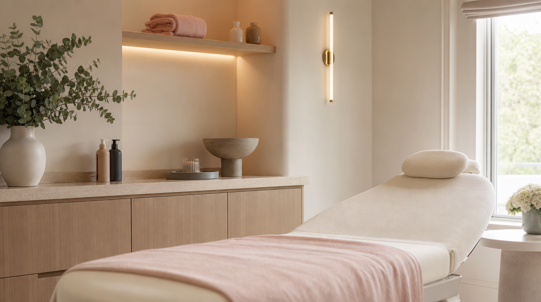A calm modern aesthetic-clinic treatment room with cream walls, a warm wood counter and a sprig of eucalyptus in a ceramic vase