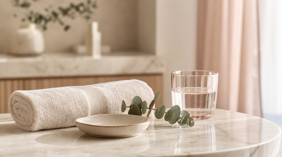 Editorial still life of a soft cream towel, a sprig of eucalyptus and a small ceramic dish on a warm wood surface in gentle daylight