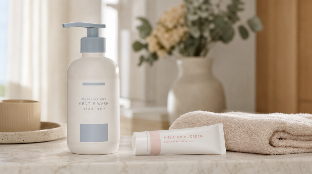 Gentle fragrance-free wash and antifungal cream laid out for treating a skin infection