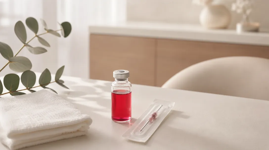 A clinician's gloved hand drawing up a hydroxocobalamin injection into a syringe from a labelled vial on a clean tray