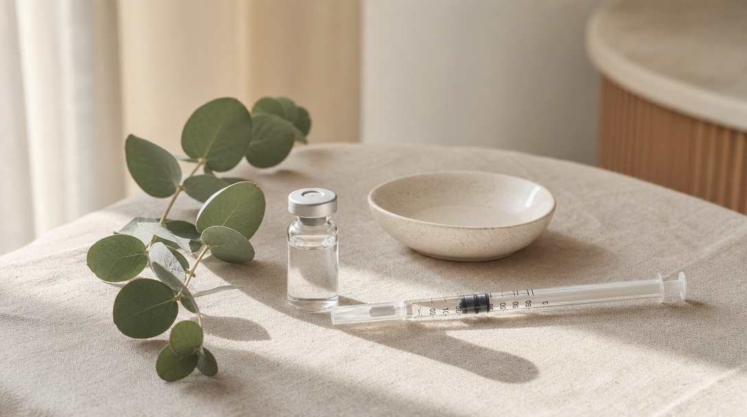 Editorial still life of a vitamin injection vial and syringe beside a sprig of eucalyptus on a cream linen surface