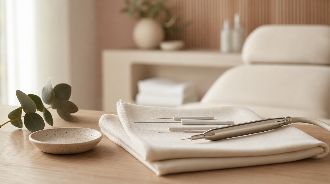 Fine electrolysis probes and a soft cream cloth arranged on a warm wood surface with a sprig of eucalyptus