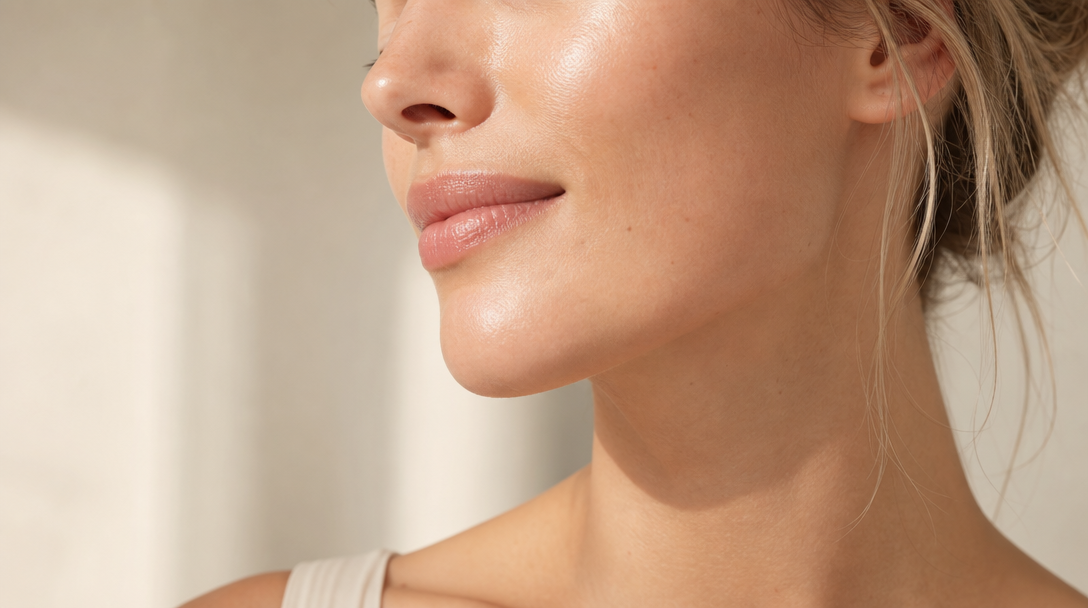 A close-up of calm, even-toned skin along the jawline resting in soft natural light