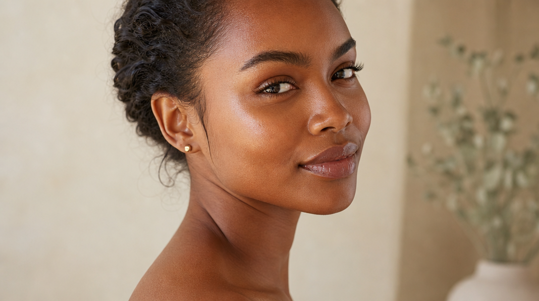 A close-up of smooth, even skin on a woman with a deeper skin tone