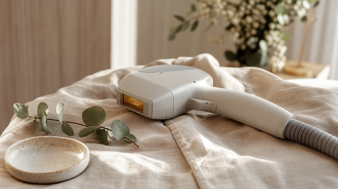 A laser hair removal handpiece resting on cream folded linen beside a sprig of eucalyptus, arranged as a calm editorial still life