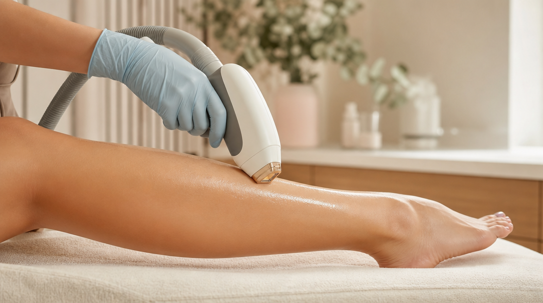 A gloved clinician guides a chilled laser handpiece across a patient's lower leg during a calm, softly lit laser hair removal session