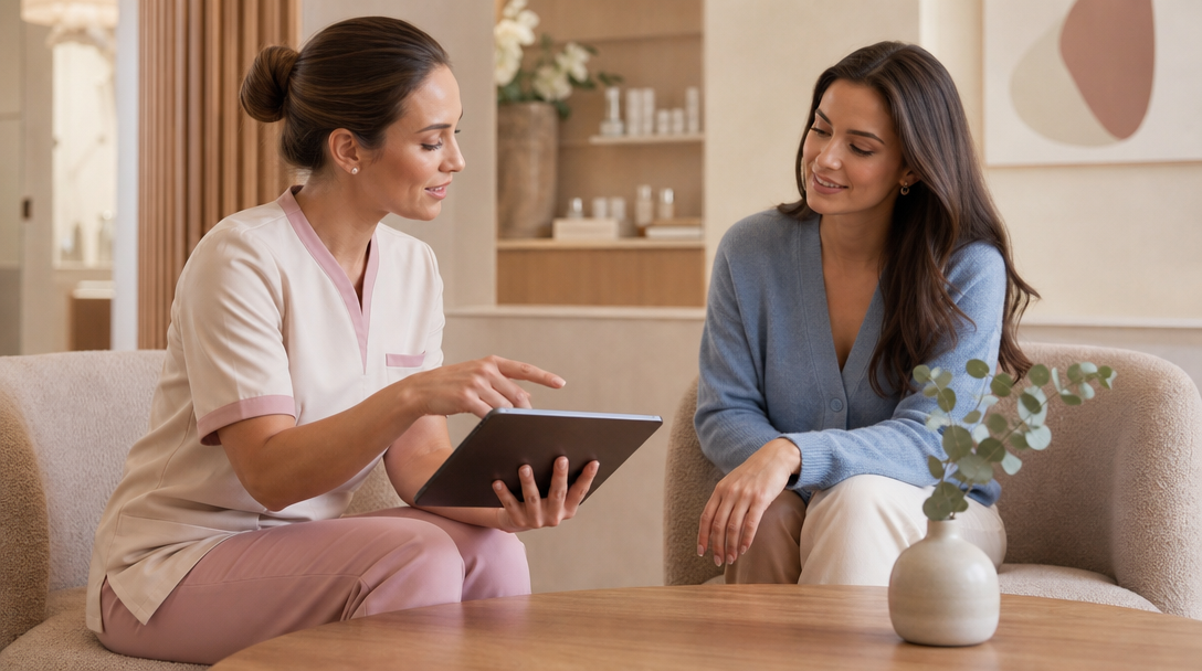A CoLaz clinician talks a patient through red light therapy and laser hair removal aftercare in a calm, warmly lit consultation room