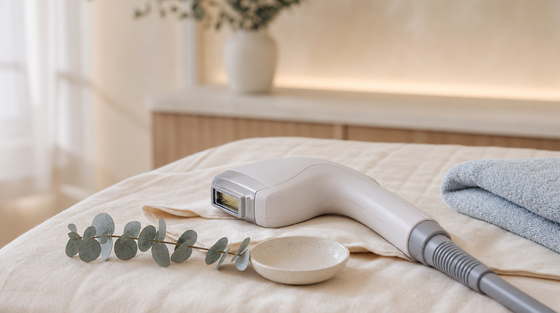 A laser hair removal handpiece resting on cream linen beside a folded towel and a sprig of eucalyptus