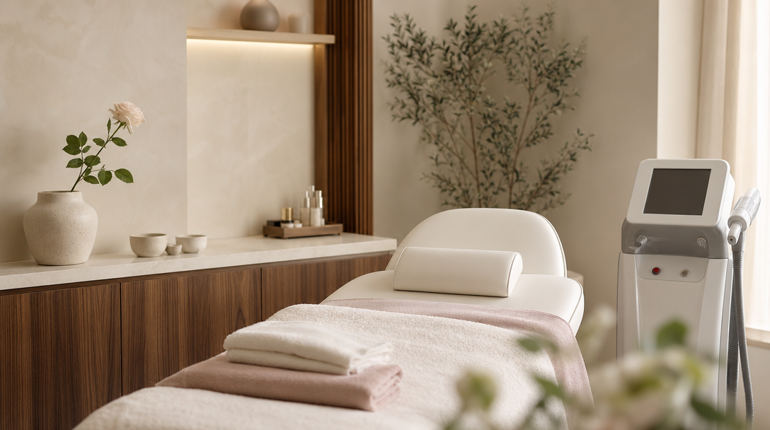 A calm, empty CoLaz treatment room with a cream treatment bed, folded towels and soft daylight