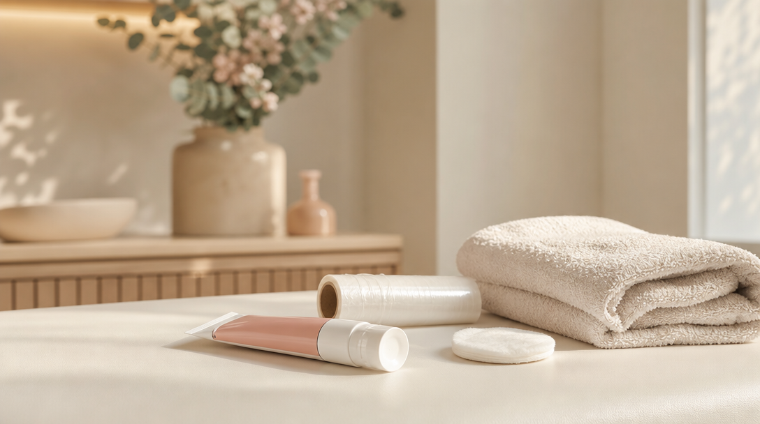 A tube of numbing cream and cotton pad laid out before a laser session