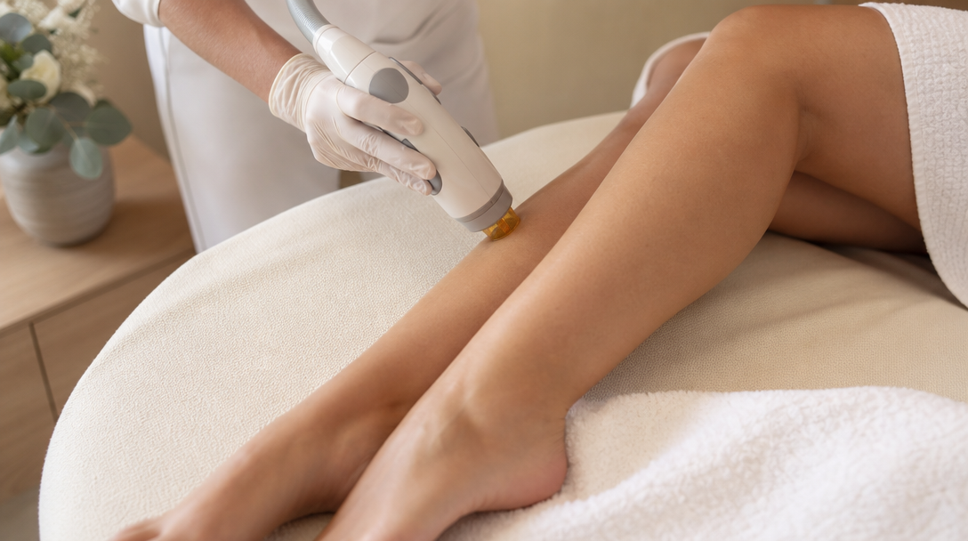 A laser hair-removal handpiece being used on a patient's calf