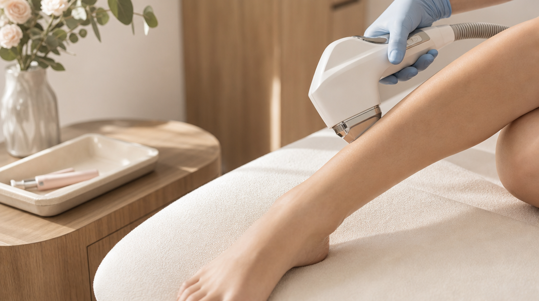 A clinician's gloved hand guides a chilled laser handpiece across a patient's lower leg on a cream treatment bed