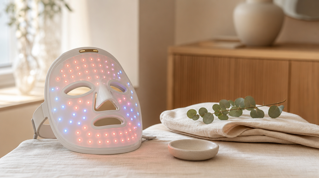 A LED light therapy device panel resting on a cream linen surface next to a sprig of eucalyptus in soft daylight