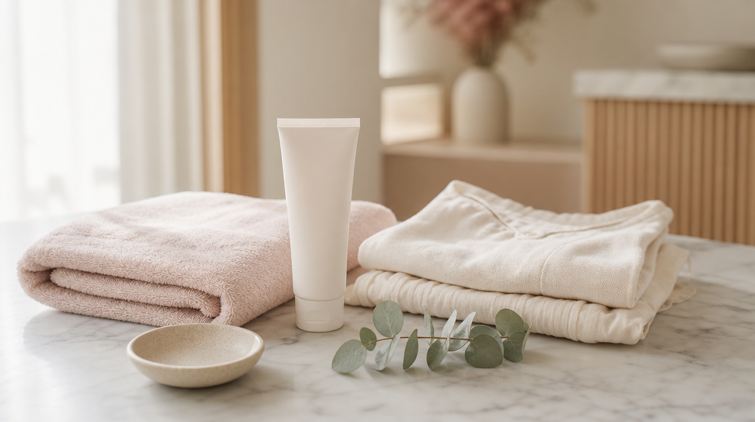 Folded pale-pink cotton towel, soothing fragrance-free gel and loose cotton clothing arranged on a cream marble surface for gentle laser aftercare