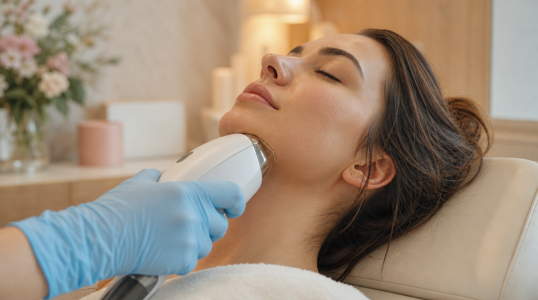 A gloved CoLaz clinician guides a chilled laser handpiece across a patient's jawline during a calm, softly lit session
