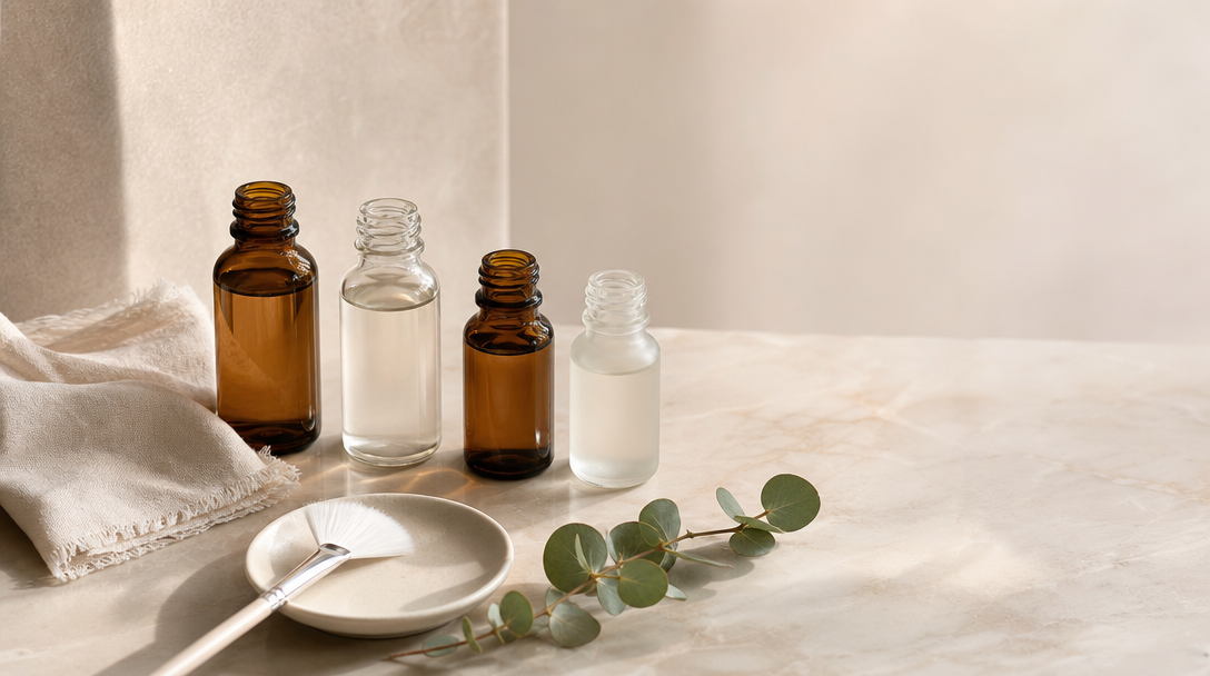Glass bottles of peel solution, a fan applicator brush and folded cream linen arranged on a cream marble clinic counter