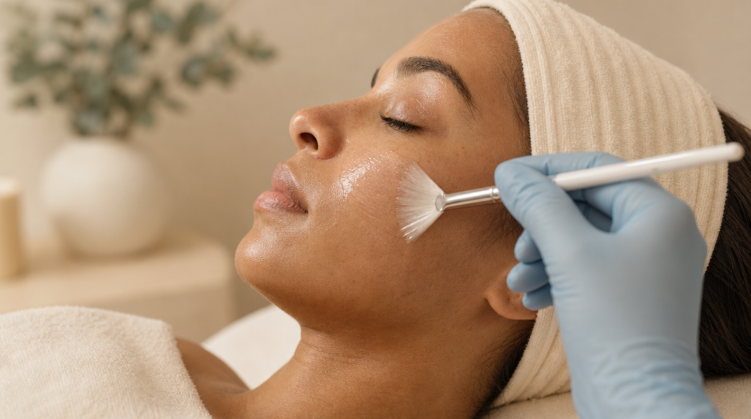 A clinician's gloved hand sweeps a fan brush of clear peel solution across a patient's cheek in a calm clinic treatment room