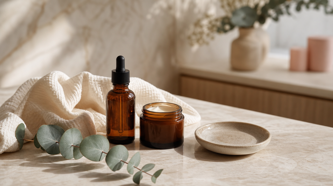 Editorial still life of skincare for crepey skin: a retinoid, a hyaluronic acid serum and a body cream on cream linen with eucalyptus