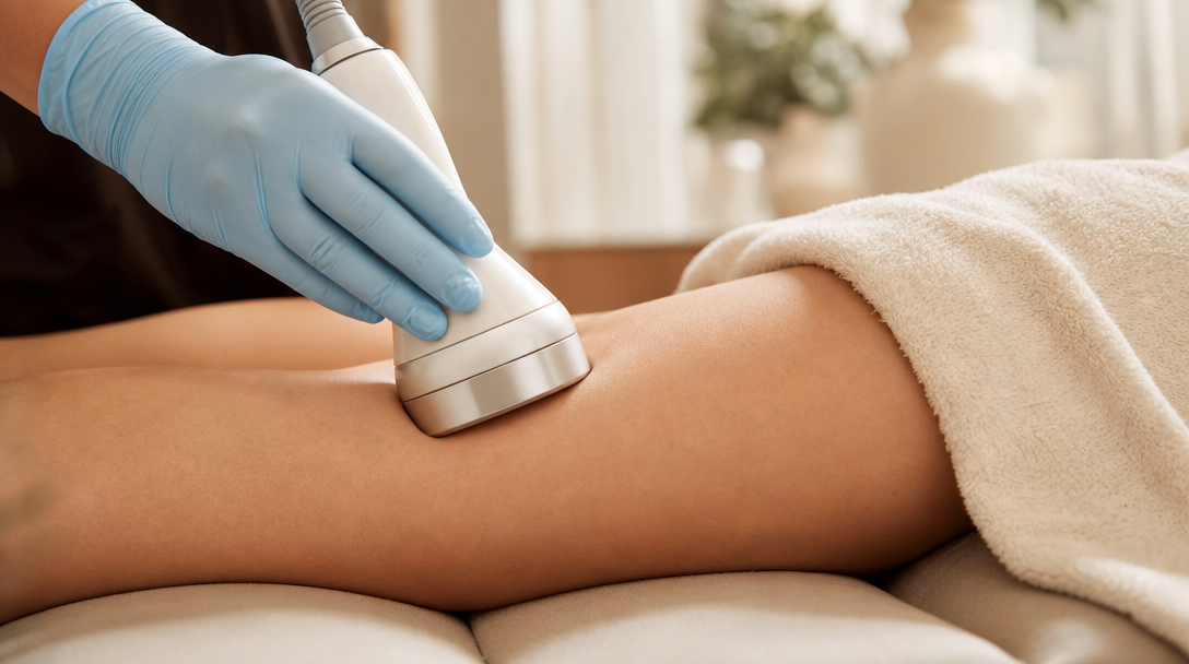 Gloved clinician hand guiding a skin-tightening device across a patient's thigh above a cream towel in a warm treatment room