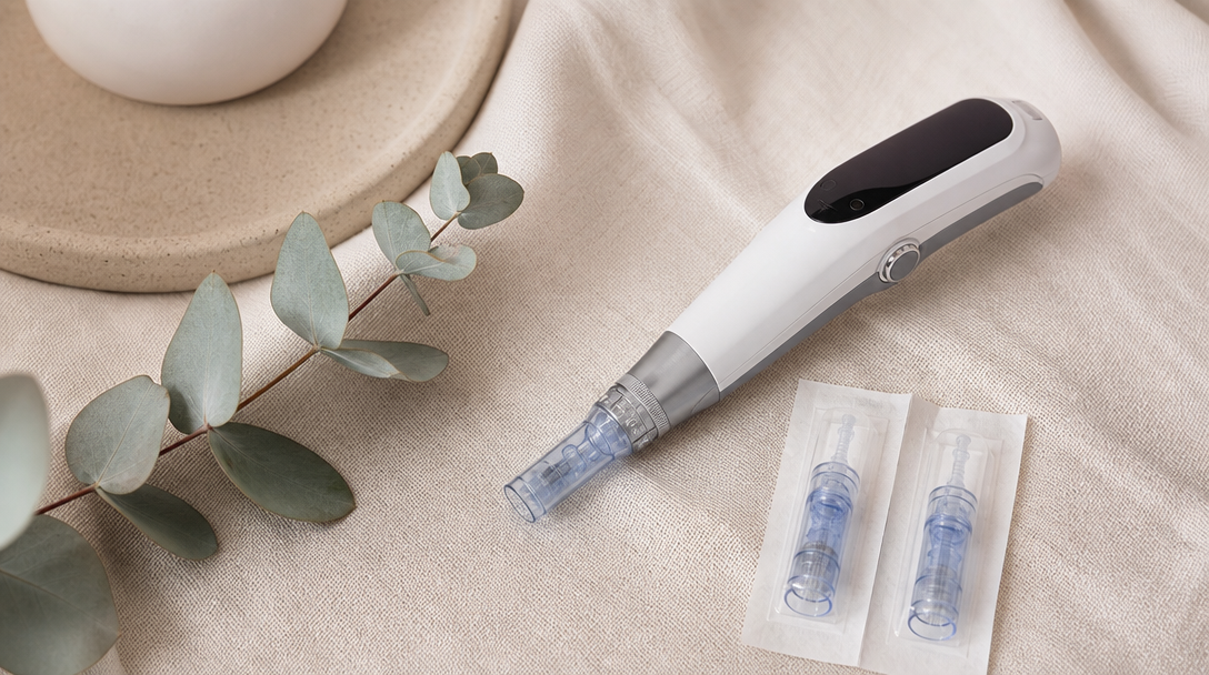 A dermapen device with two sealed needle cartridges on a cream cloth