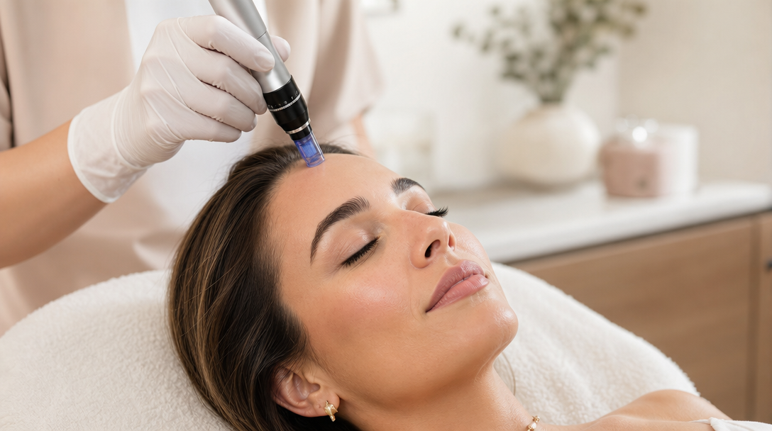 A clinician guiding a dermapen across a relaxed patient's forehead