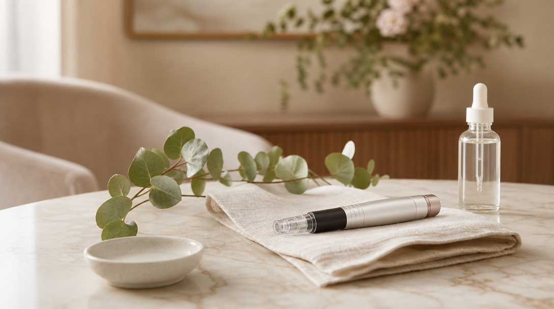 Microneedling pen resting on cream linen with a ceramic dish and a sprig of eucalyptus
