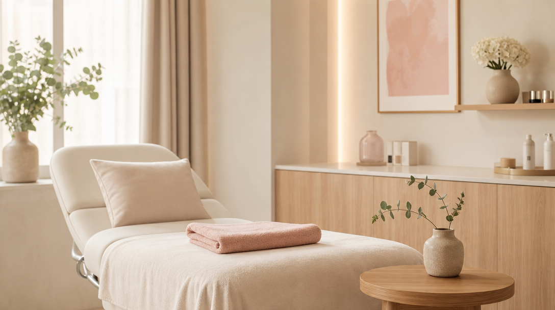 A calm, tidy CoLaz treatment room with a cream bed, blush towel and eucalyptus in soft daylight