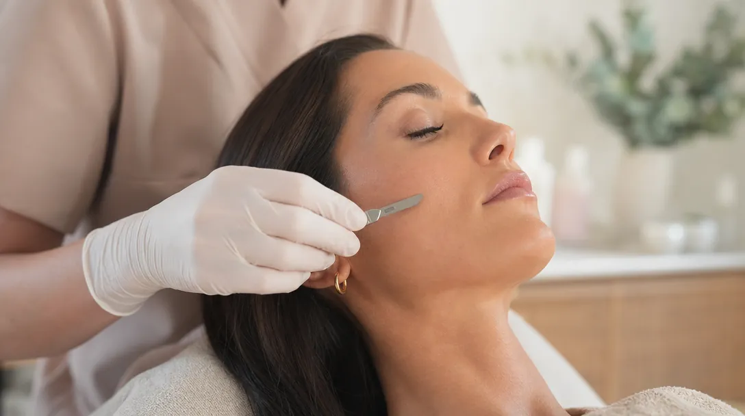 A CoLaz aesthetician in branded uniform finishes a dermaplaning session and hands the patient a printed aftercare card in a calm treatment room