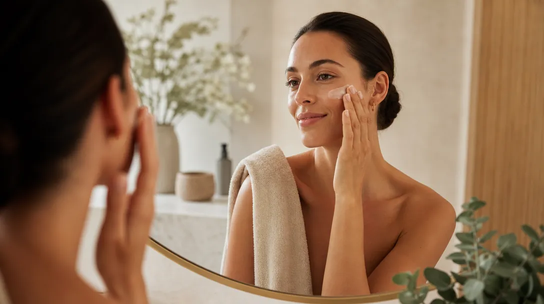 A CoLaz aesthetician inspects a patient's cheek under a treatment lamp at a one-week dermaplaning follow-up, with the patient's printed aftercare schedule visible on the bench