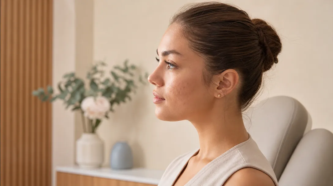 A CoLaz clinician applies a chemical peel solution to a patient's cheek with a soft brush in a clean, brightly lit treatment room