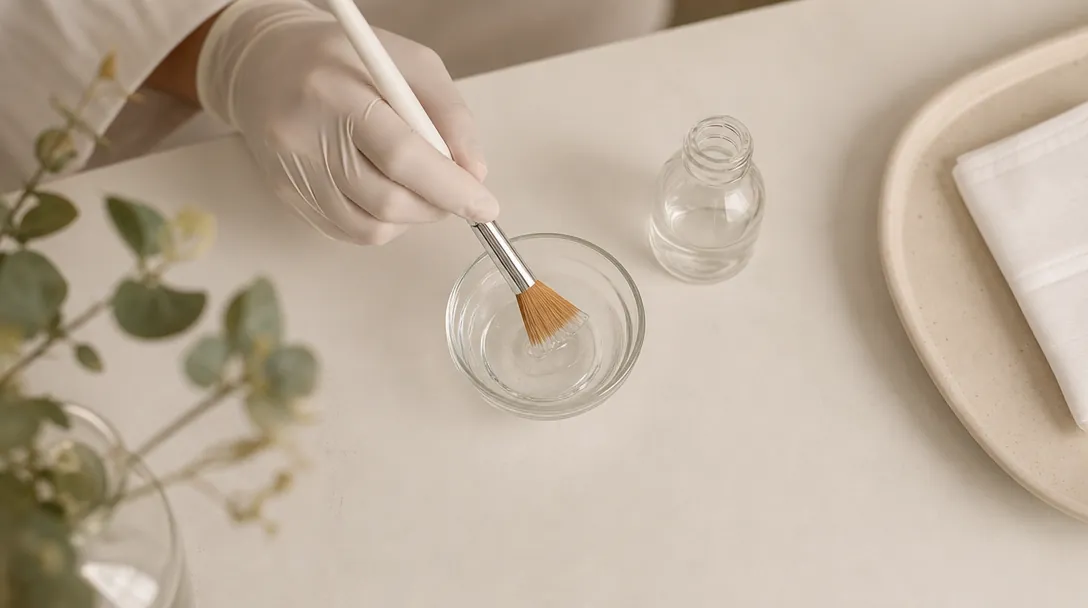 A close-up of a clinician applying a chemical peel solution to the cheek with a soft fan brush, in even soft lighting