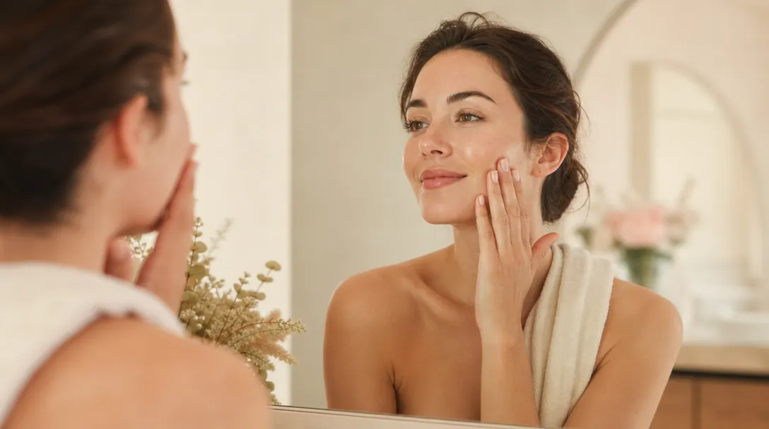 A close-up of skin a few days after a medium-depth peel, with subtle, even flaking visible and a hand applying a gentle moisturiser
