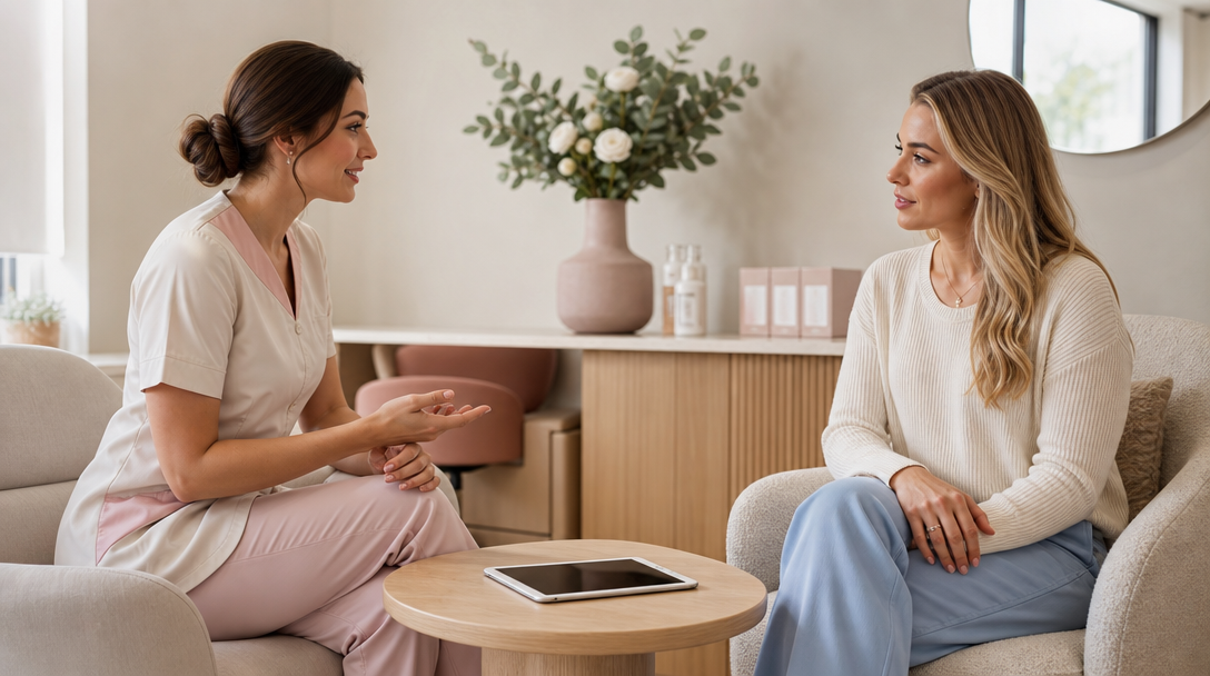 A CoLaz clinician talks a patient through electrolysis preparation in a calm cream consultation room