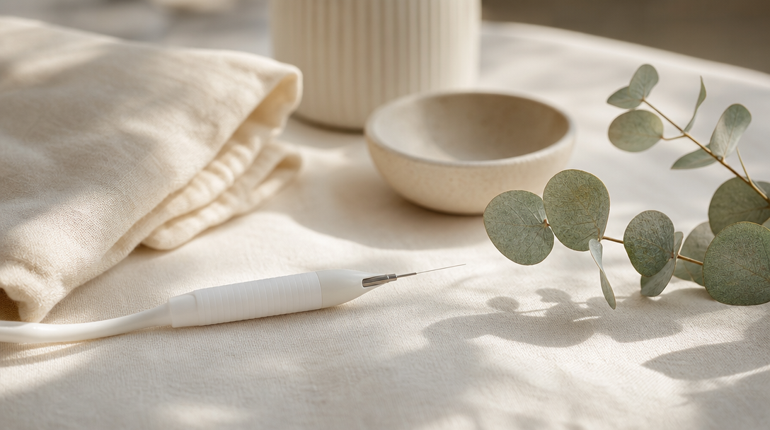 A single fine electrolysis probe and cream cloth arranged on a warm wooden surface with a sprig of eucalyptus
