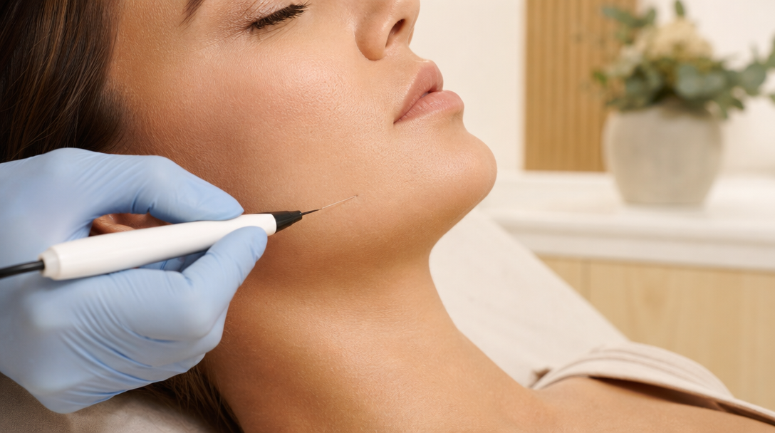 A gloved hand guides a fine electrolysis probe along a patient's jawline in a warm treatment room