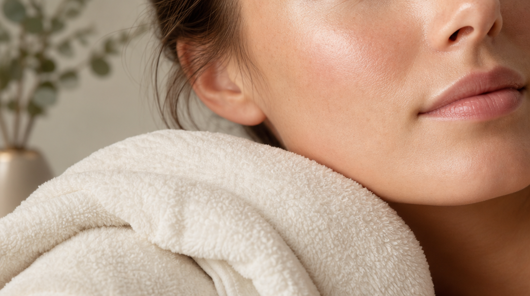 A woman's cheek and jawline rest against a soft cream towel, showing smooth, naturally glowing skin