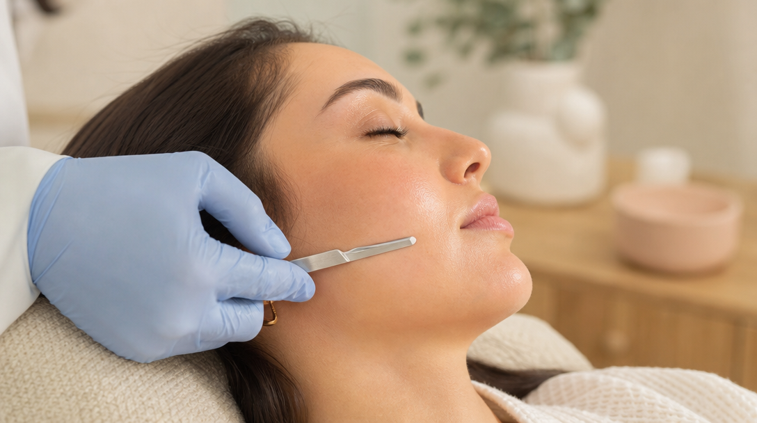 A clinician's gloved hand guides a dermaplaning blade along a relaxed patient's cheek in a warm treatment room